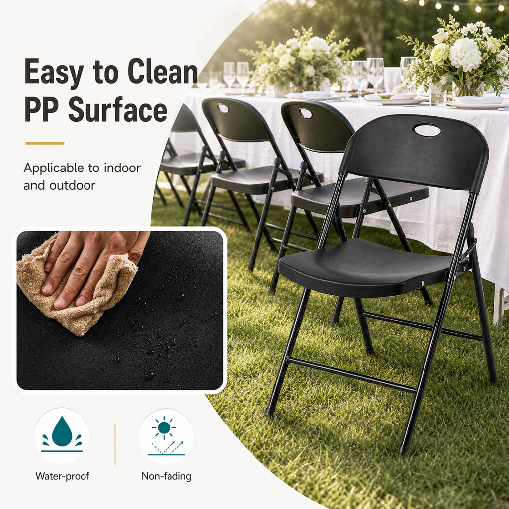 Set of 6 Foldable Plastic Chairs with Ergonomic Backrest-Black