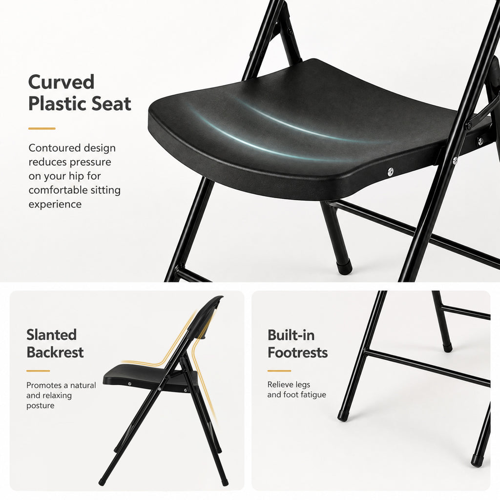 Set of 6 Foldable Plastic Chairs with Ergonomic Backrest-Black
