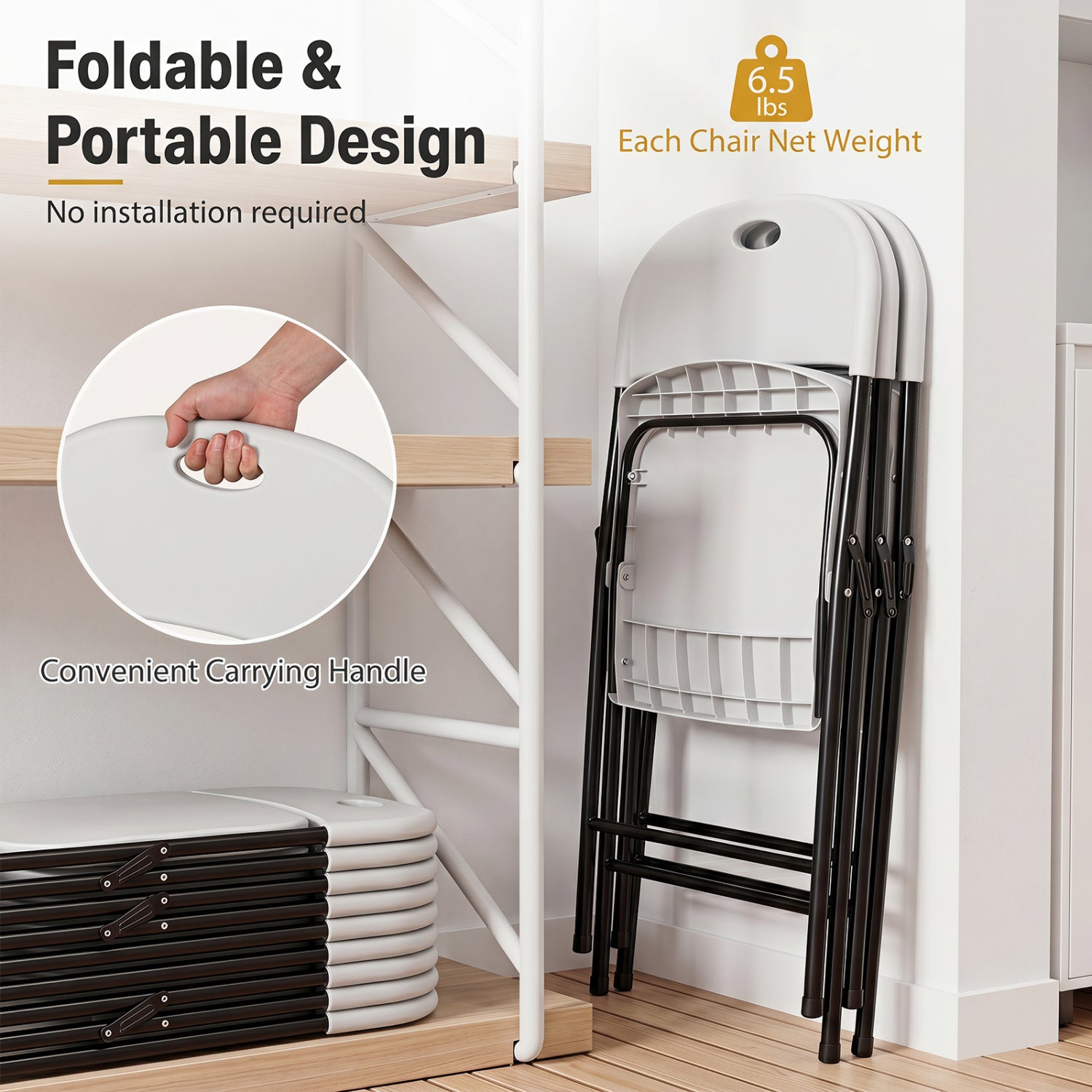 Set of 6 Foldable Plastic Chairs with Ergonomic Backrest-White