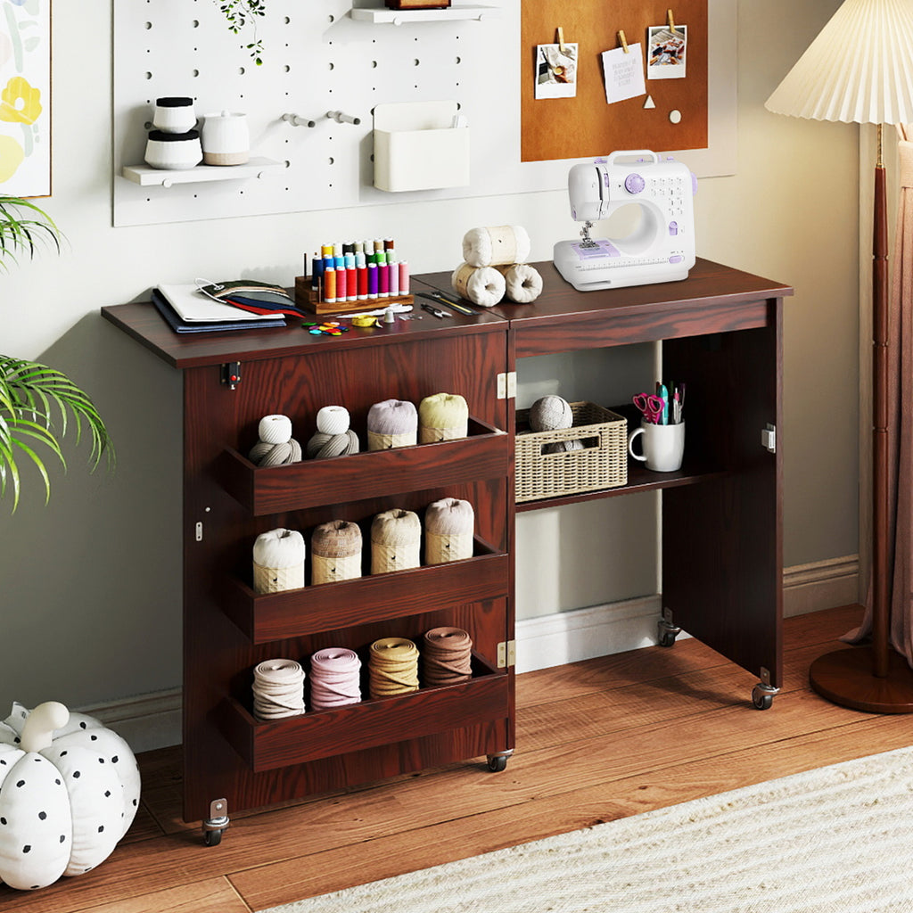 Sewing Machine Table with Charging Station and Lockable Casters-Brown