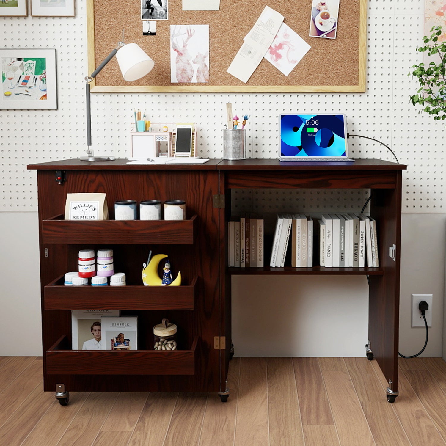 Sewing Machine Table with Charging Station and Lockable Casters-Brown