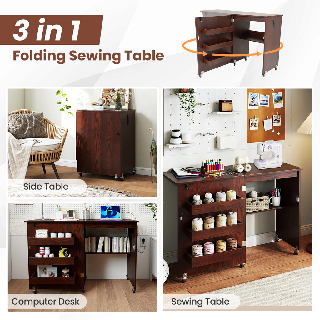 Sewing Machine Table with Charging Station and Lockable Casters-Brown