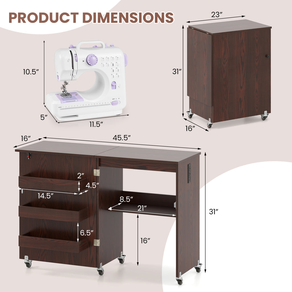Sewing Machine Table with Charging Station and Lockable Casters-Brown