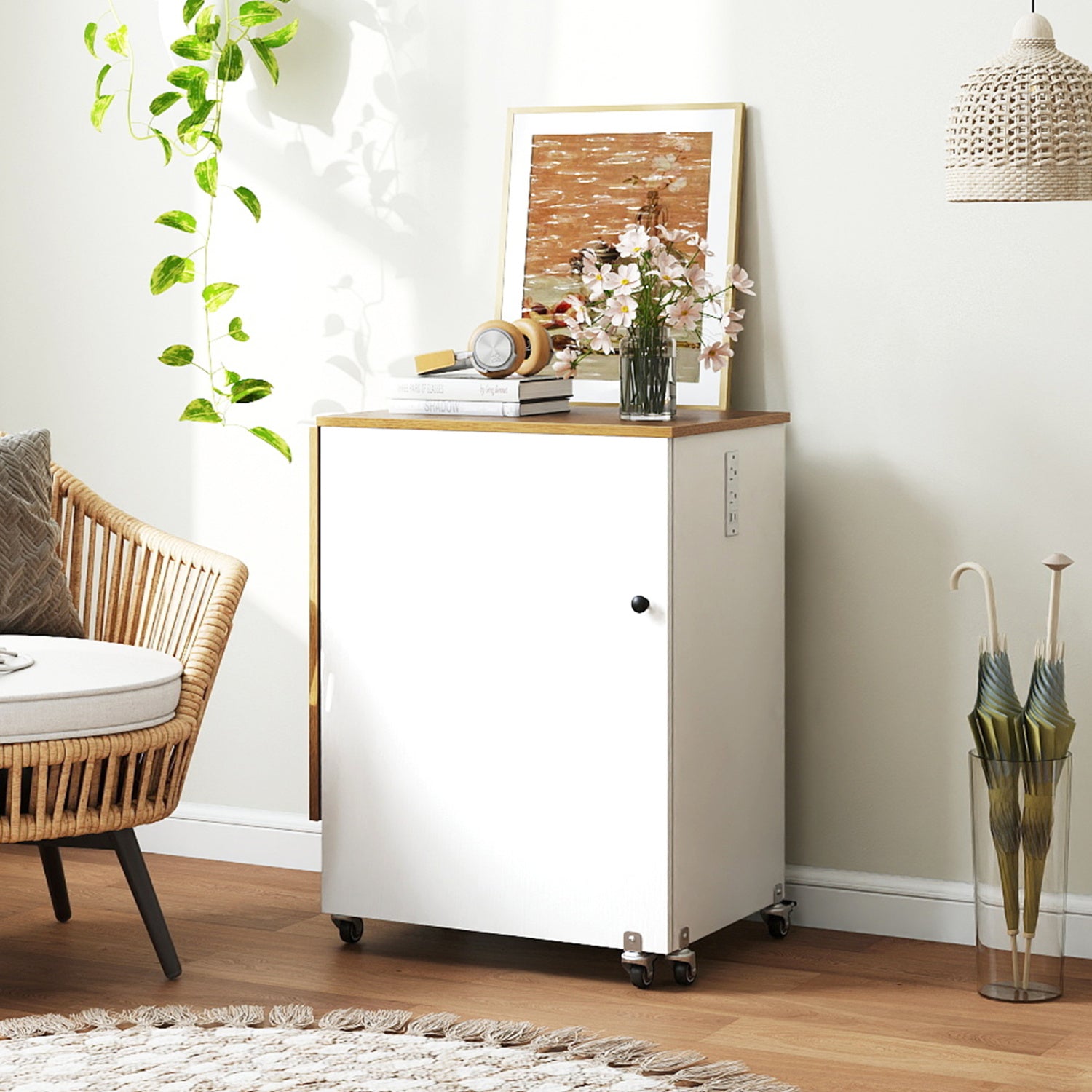 Sewing Machine Table with Charging Station and Lockable Casters-Natural and White