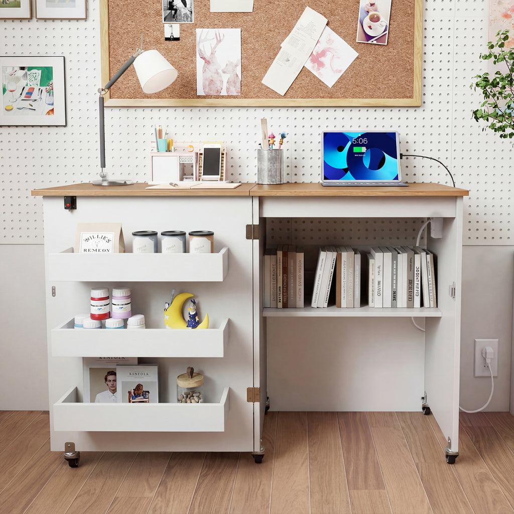 Sewing Machine Table with Charging Station and Lockable Casters-Natural and White