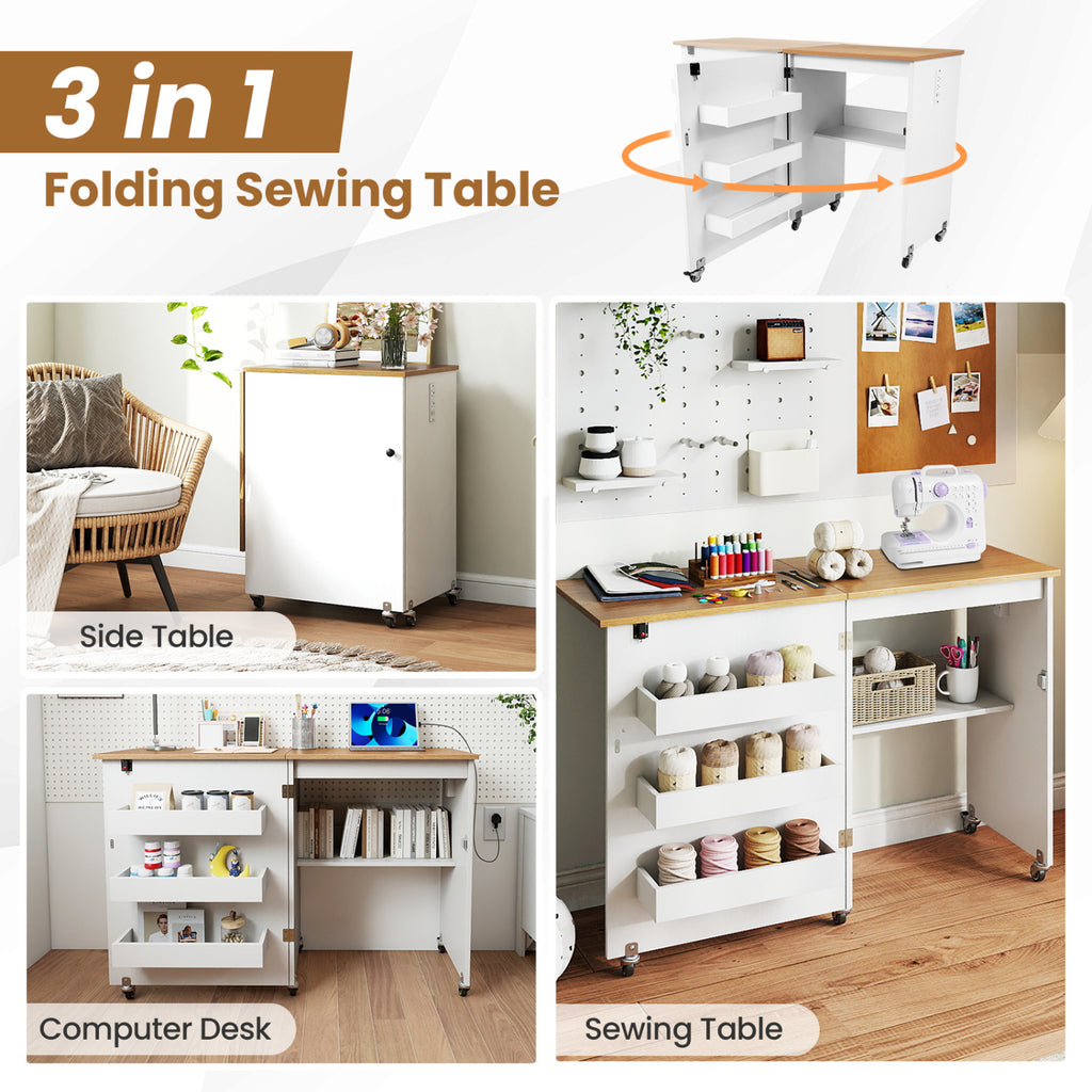 Sewing Machine Table with Charging Station and Lockable Casters-Natural and White