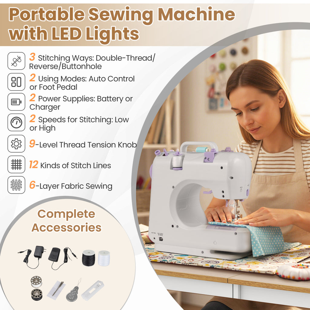 Sewing Machine Table with Charging Station and Lockable Casters-Natural and White