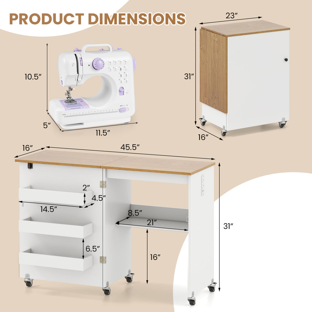 Sewing Machine Table with Charging Station and Lockable Casters-Natural and White