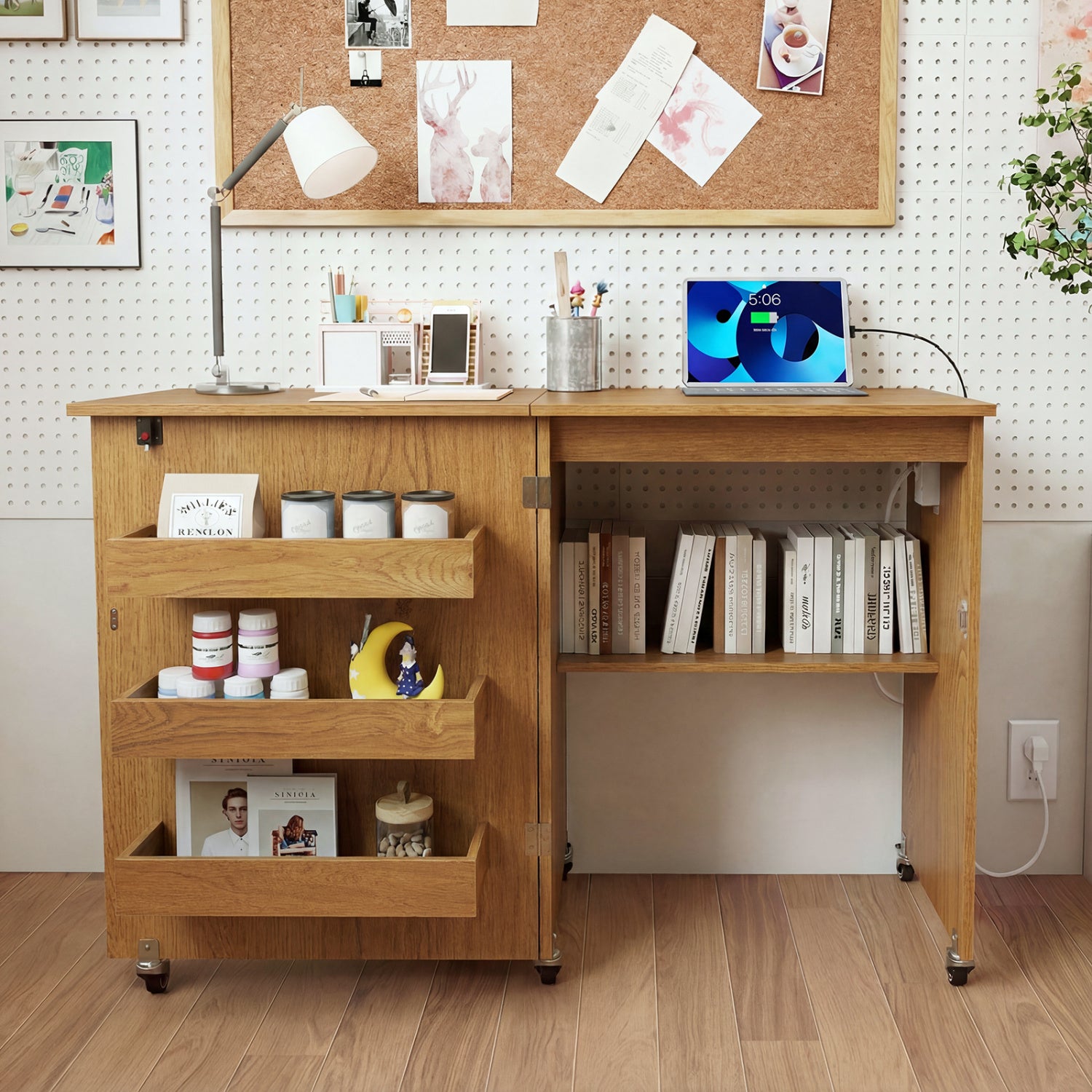 Sewing Machine Table with Charging Station and Lockable Casters-Natural