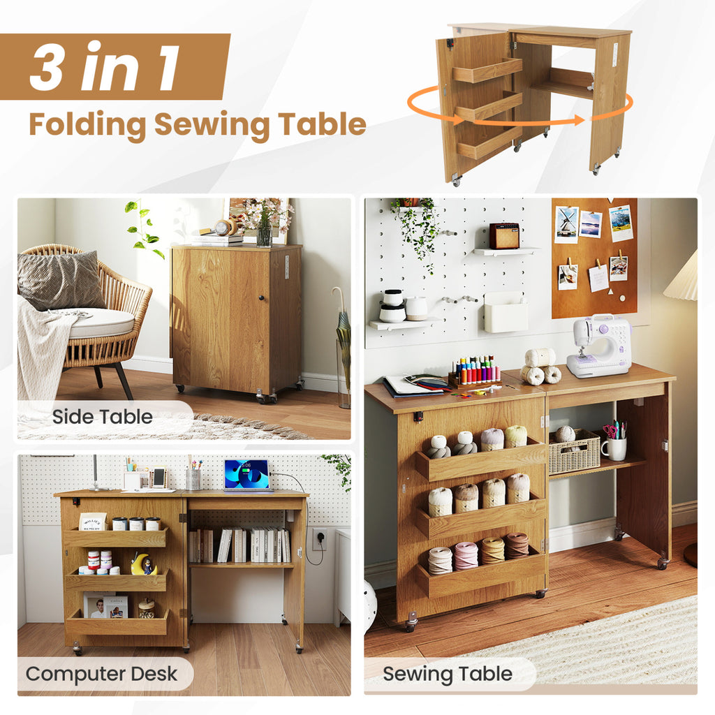 Sewing Machine Table with Charging Station and Lockable Casters-Natural