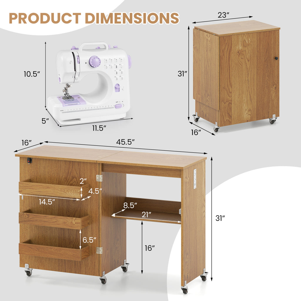 Sewing Machine Table with Charging Station and Lockable Casters-Natural