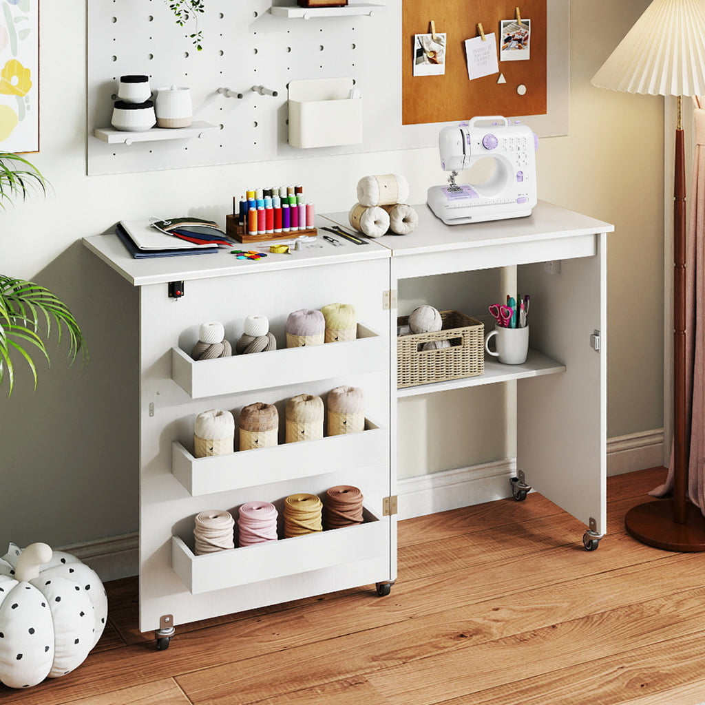 Sewing Machine Table with Charging Station and Lockable Casters-White