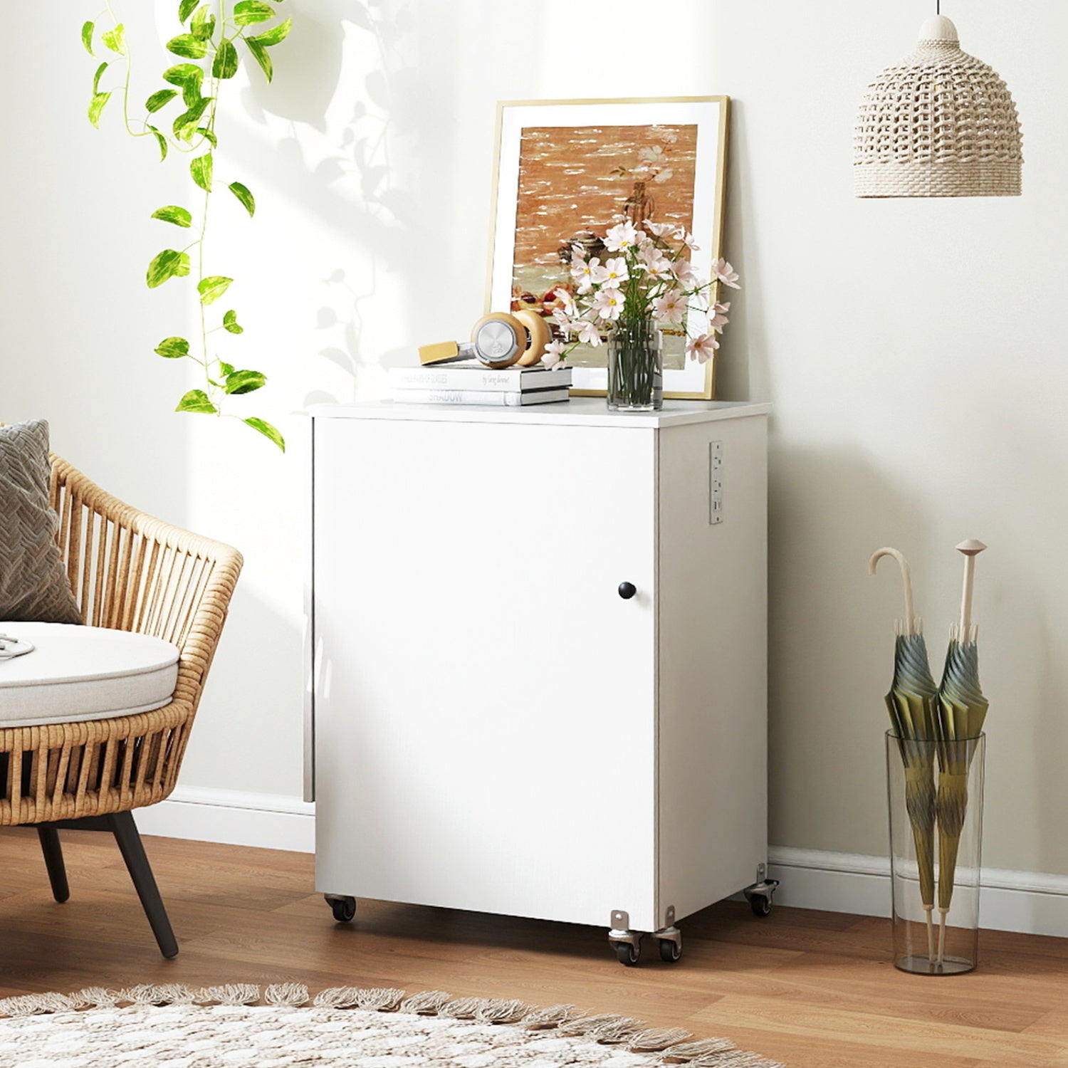 Sewing Machine Table with Charging Station and Lockable Casters-White
