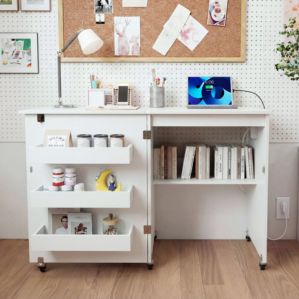 Sewing Machine Table with Charging Station and Lockable Casters-White