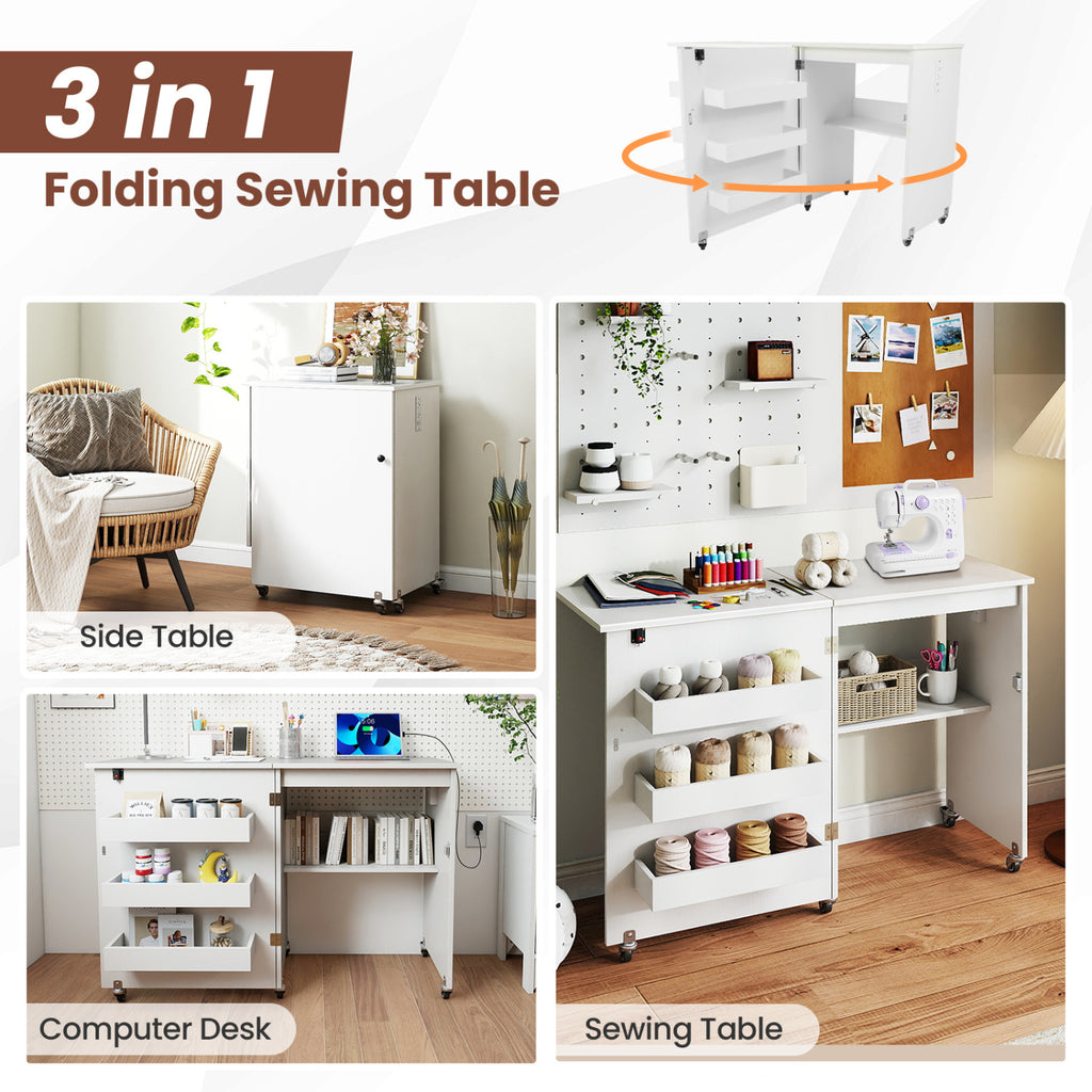 Sewing Machine Table with Charging Station and Lockable Casters-White