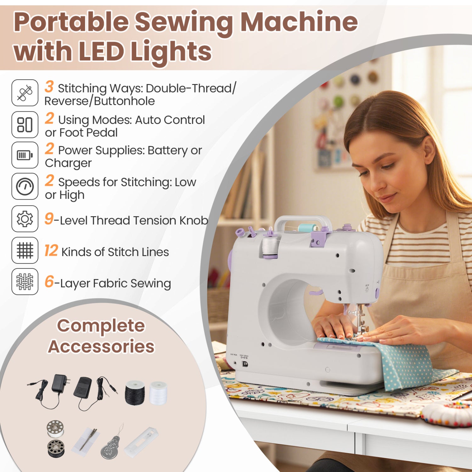 Sewing Machine Table with Charging Station and Lockable Casters-White