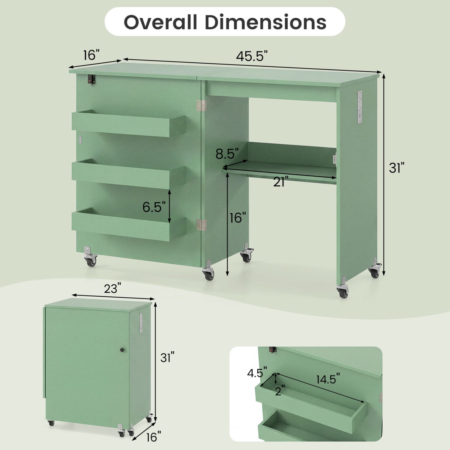 Sewing Machine Table with Charging Station and Lockable Casters-Green