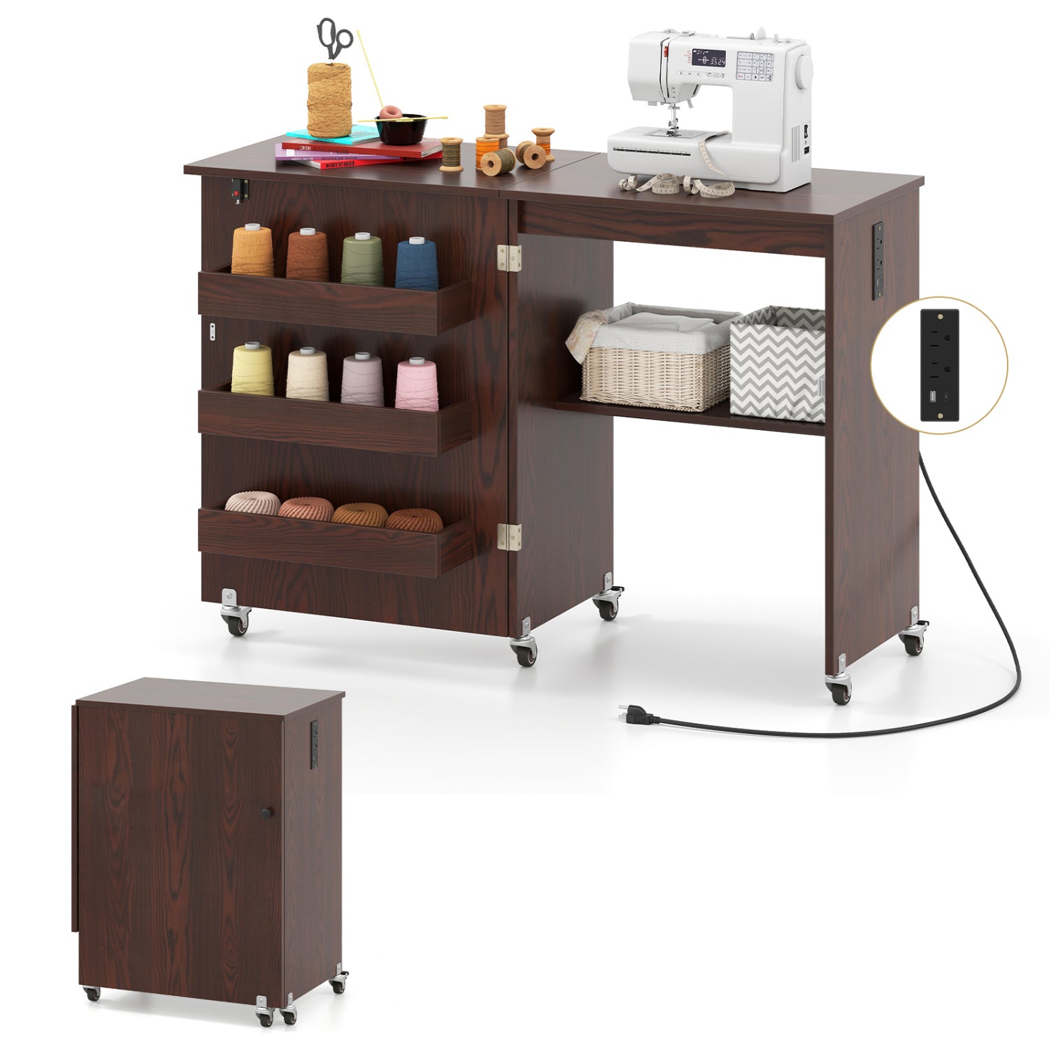 Sewing Machine Table with Charging Station and Lockable Casters-Brown