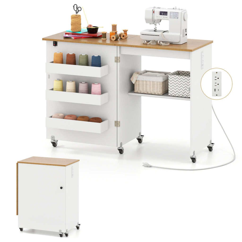 Sewing Machine Table with Charging Station and Lockable Casters-Natural and White
