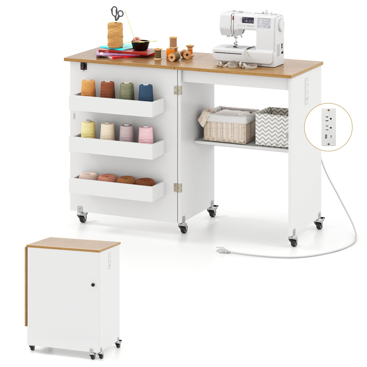 Sewing Machine Table with Charging Station and Lockable Casters-Natural and White