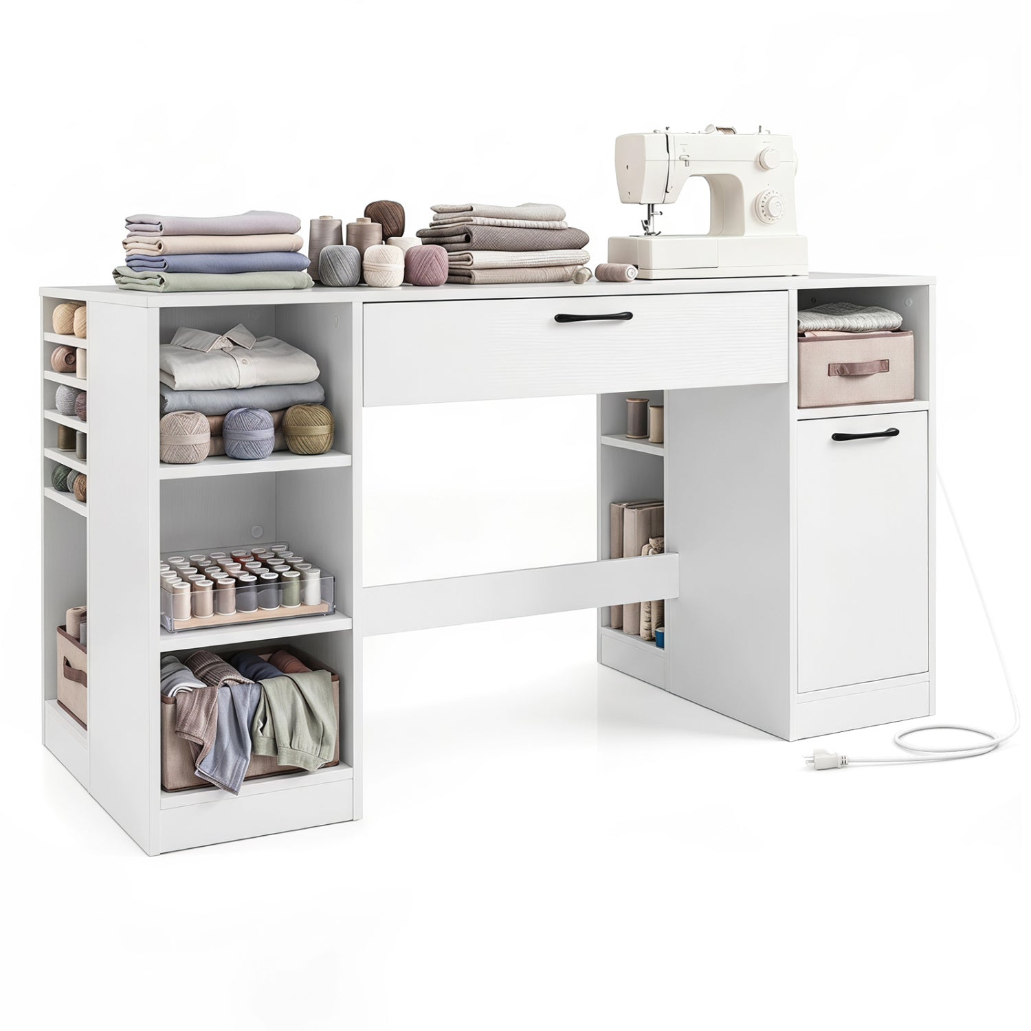 Sewing Table with Power Outlets Craft Station Desk with 2 Drawers Open Compartments-White