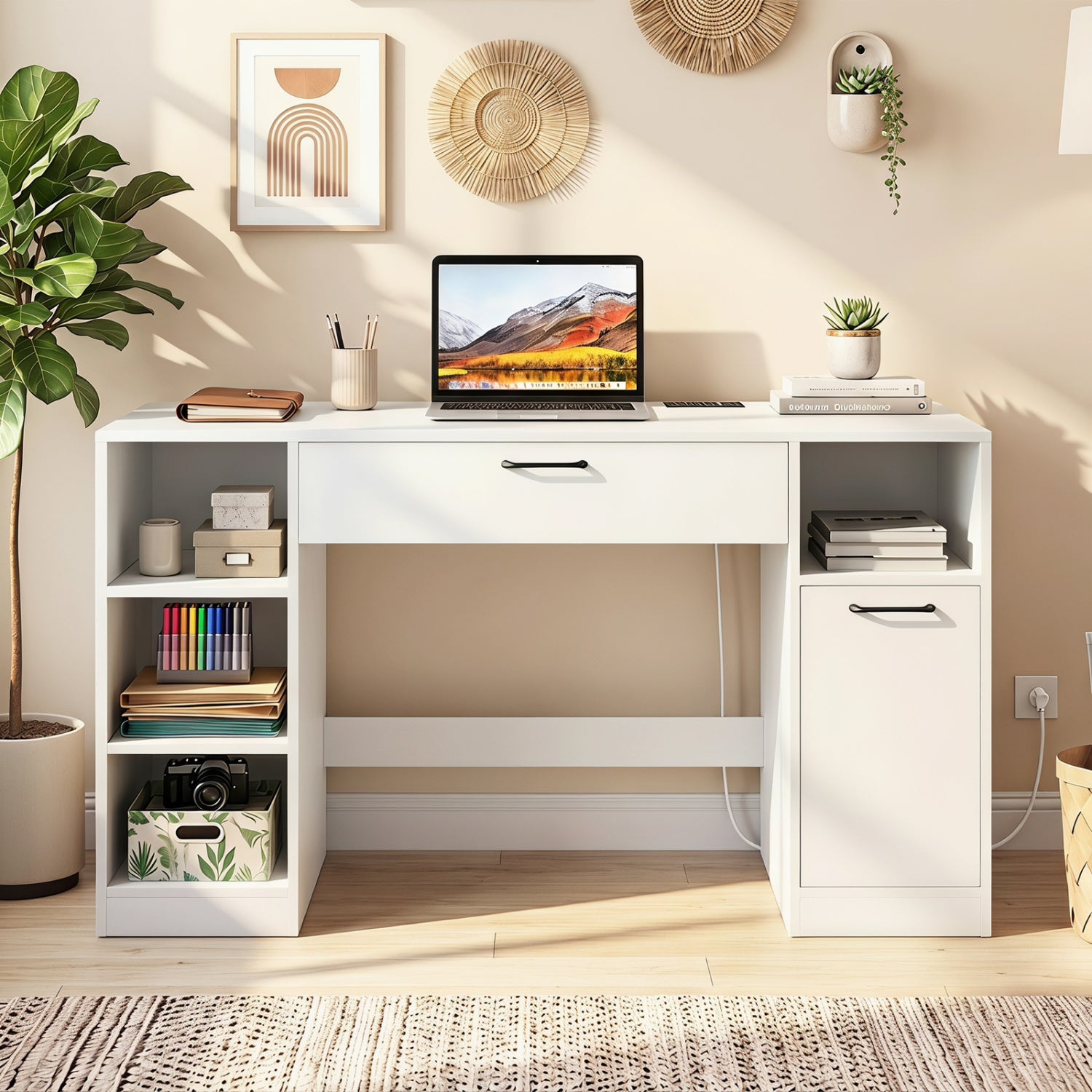 Sewing Table with Power Outlets Craft Station Desk with 2 Drawers Open Compartments-White
