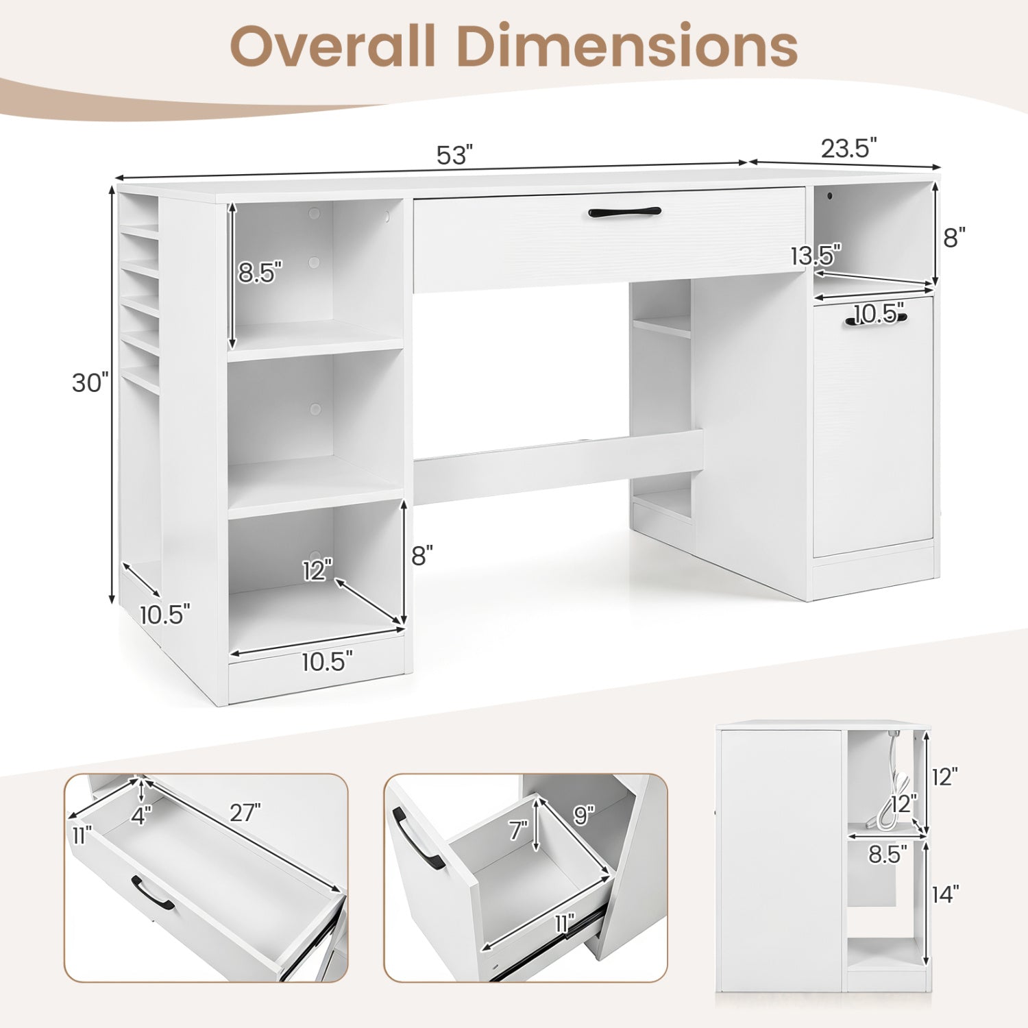 Sewing Table with Power Outlets Craft Station Desk with 2 Drawers Open Compartments-White