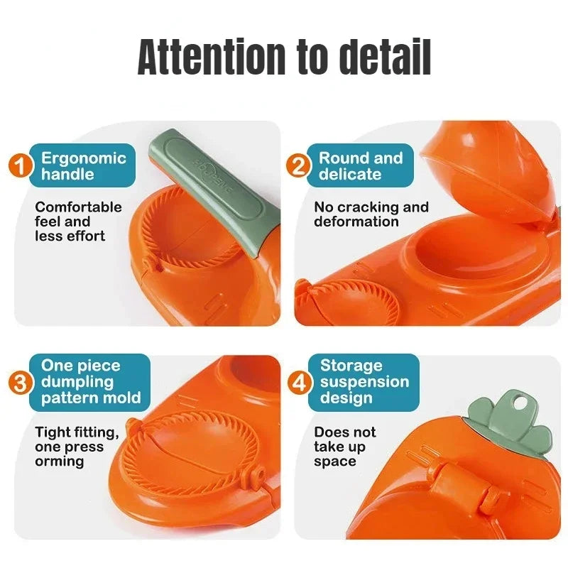 Orange dumpling maker with features highlighted on a white background