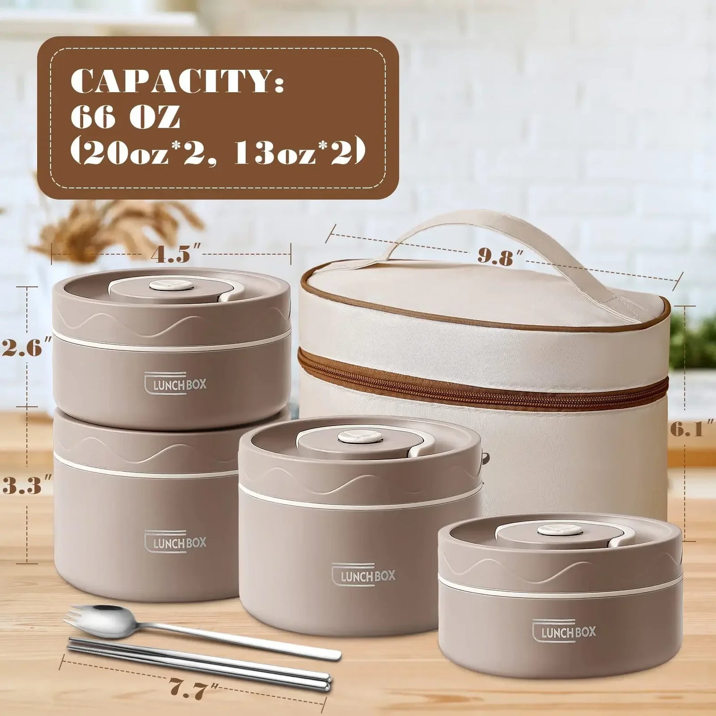 Set of beige lunch boxes with measurements and capacity details on a light background
