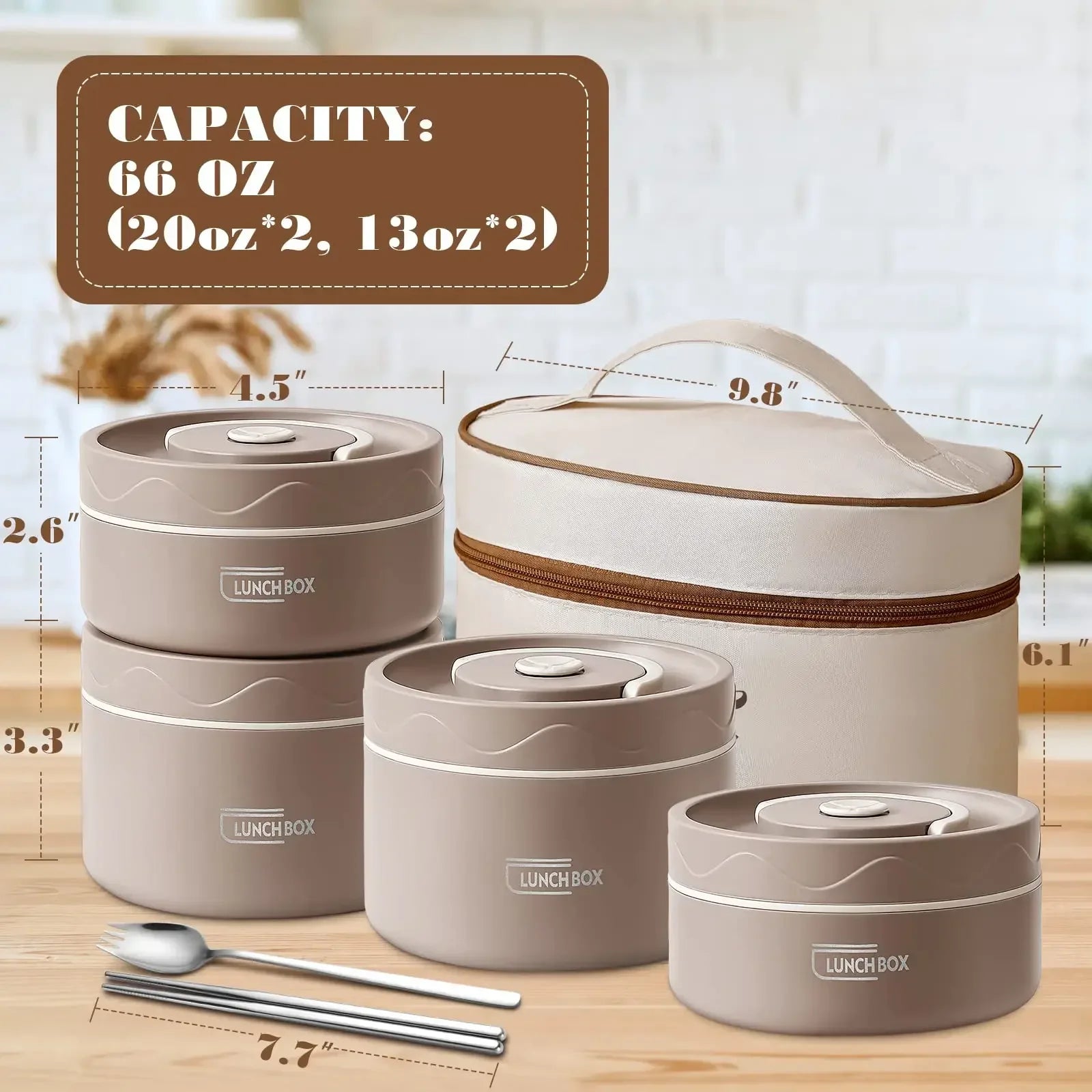 Set of beige lunch boxes with measurements and capacity details on a light background