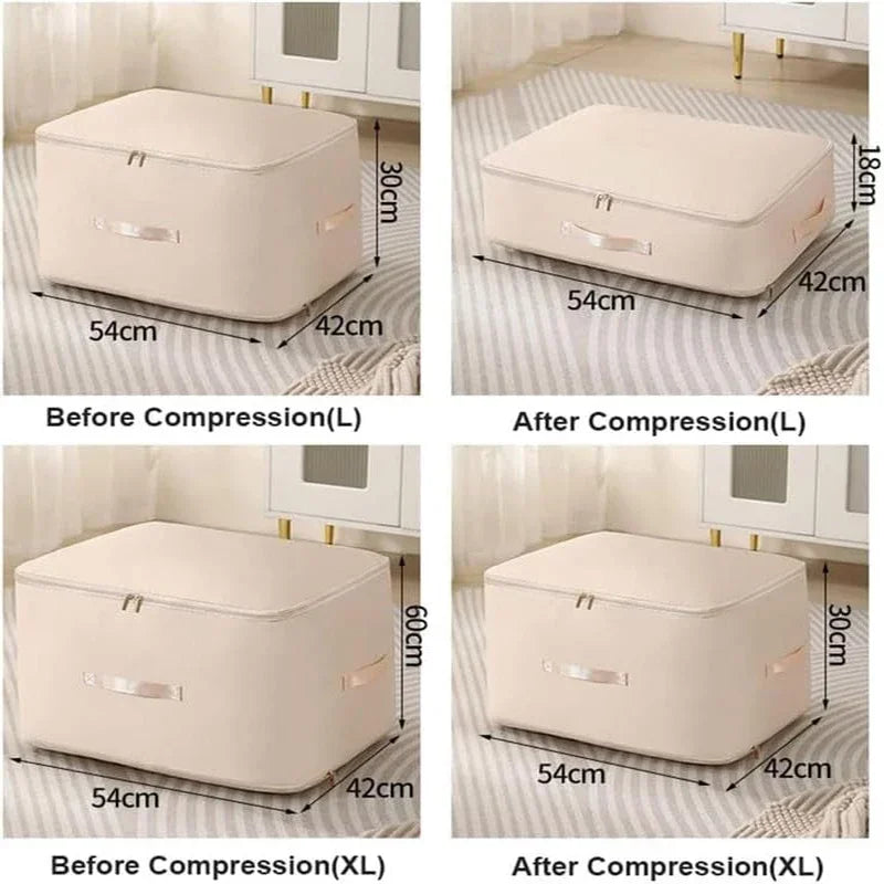 Storage ottoman with before and after compression measurements shown.