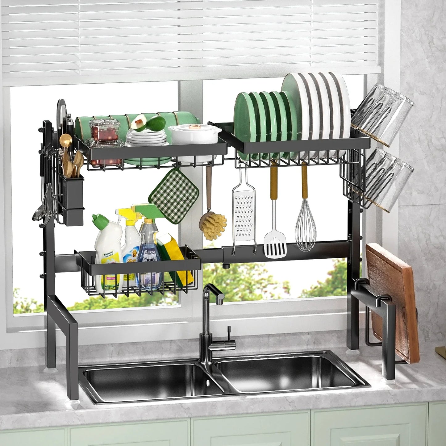 Kitchen dish rack with various utensils and items on a kitchen counter.