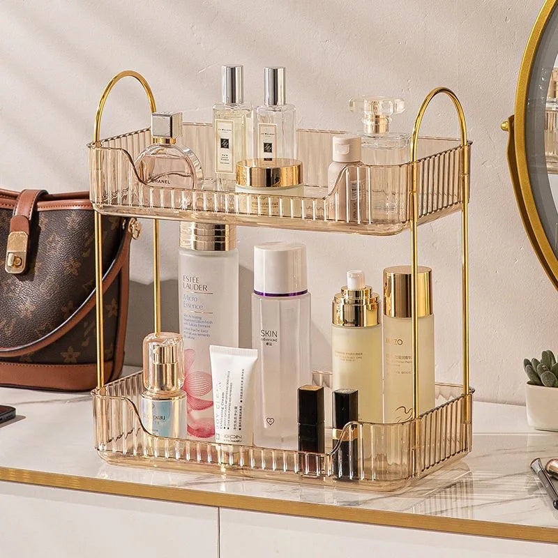 Cosmetic organizer with skincare products on a vanity table.