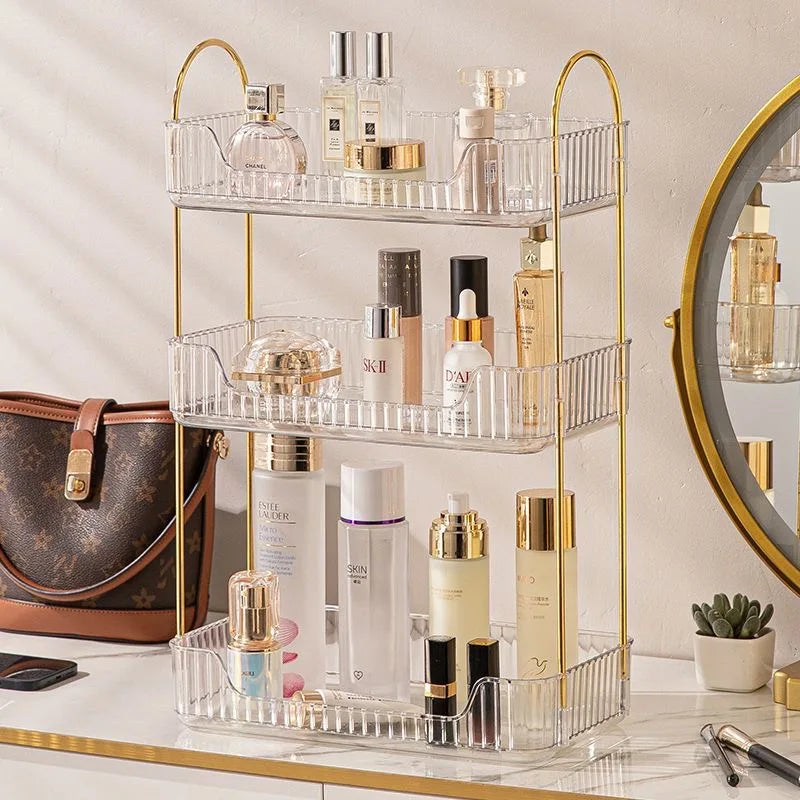 Cosmetic organizer with skincare products on a vanity table.