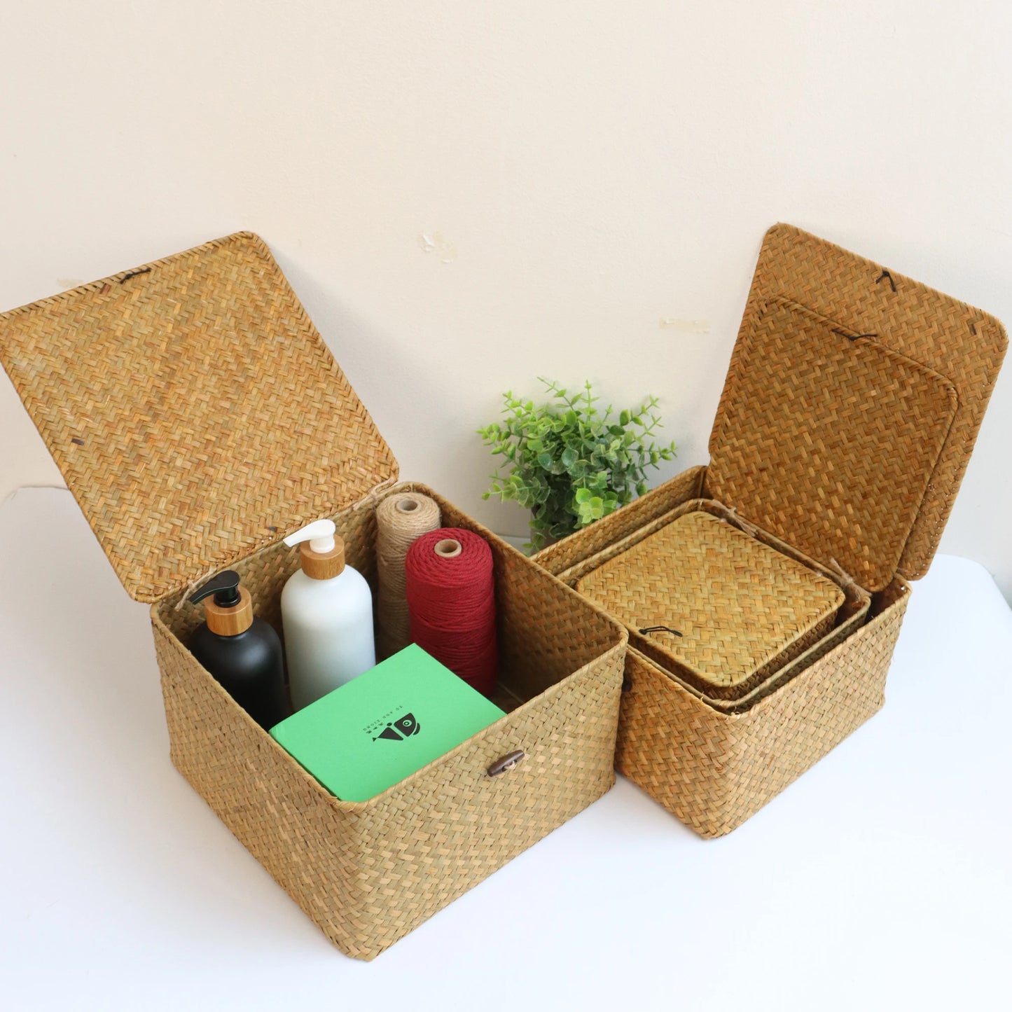 Set of 4 Seagrass Storage Baskets with Lids Woven Organizer Boxes