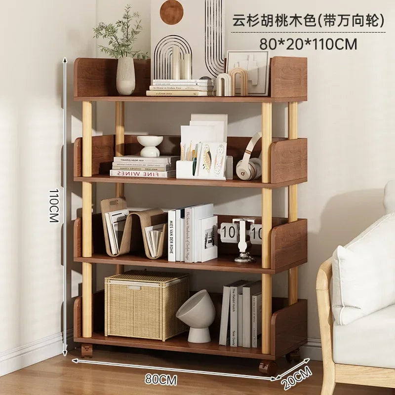 Wooden bookshelf with books and decor items against a neutral wall.