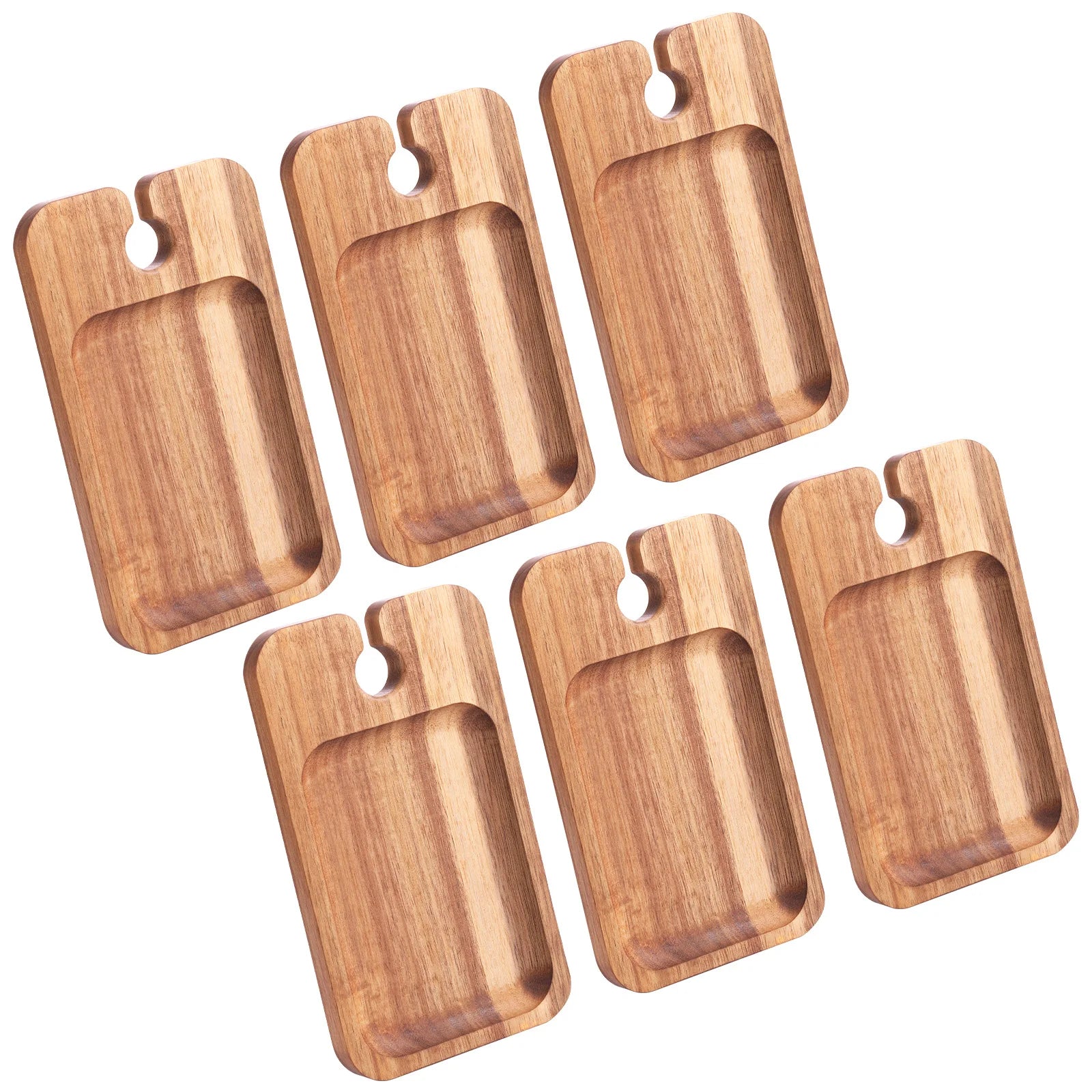 Set of six wooden trays with handles on a white background