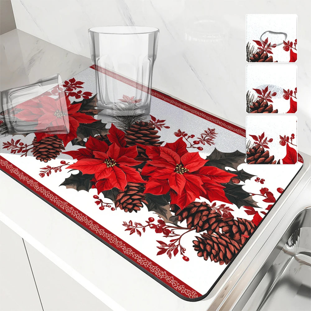 Christmas-themed placemat with red flowers and pine cones on a white surface.