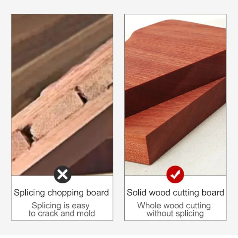 Comparison of spliced and solid wood cutting boards with text labels.