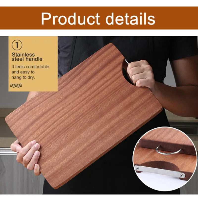Person holding a wooden board with a stainless steel handle, labeled 'Product details'.