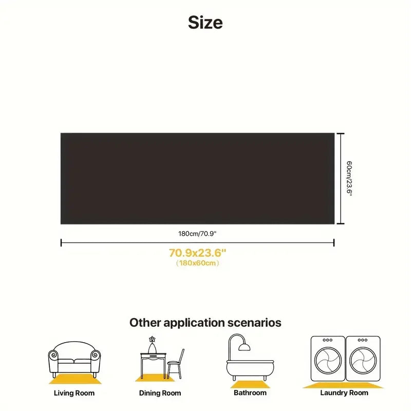 Measurement chart showing dimensions of a black rectangular object with application scenarios below.