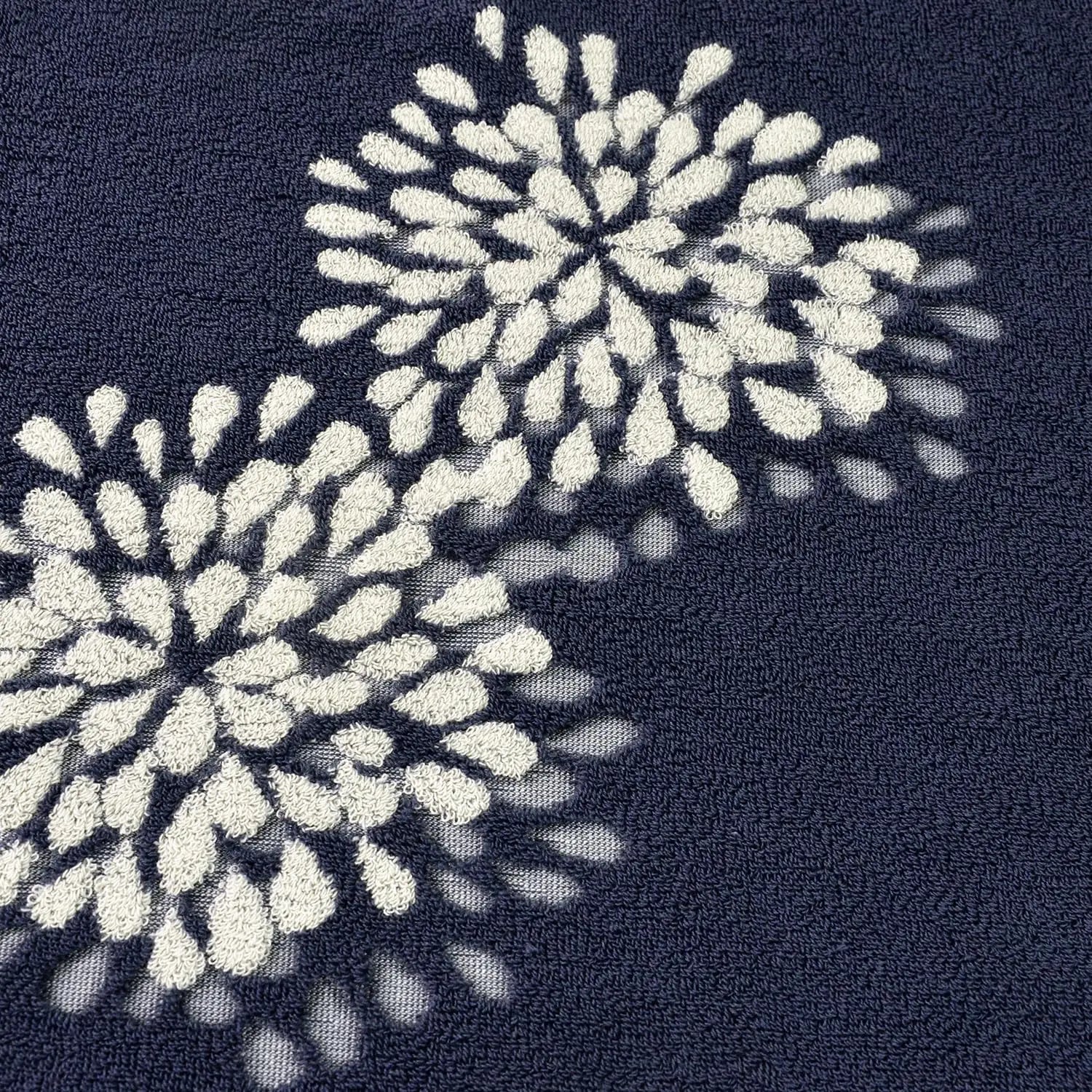 Close-up of a textured white pattern on a dark blue fabric background