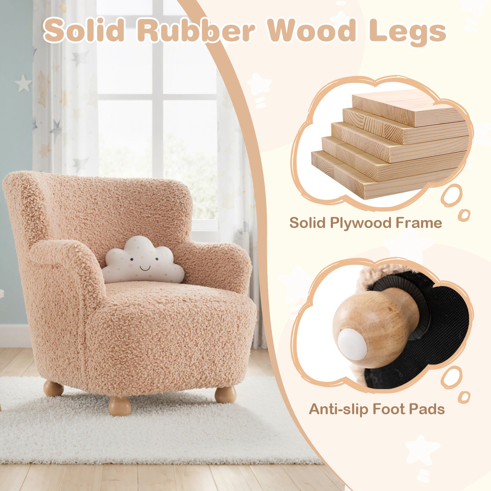 Sherpa Kids Sofa Comfy Toddler Armchair with Solid Rubber Wood Legs-Pink