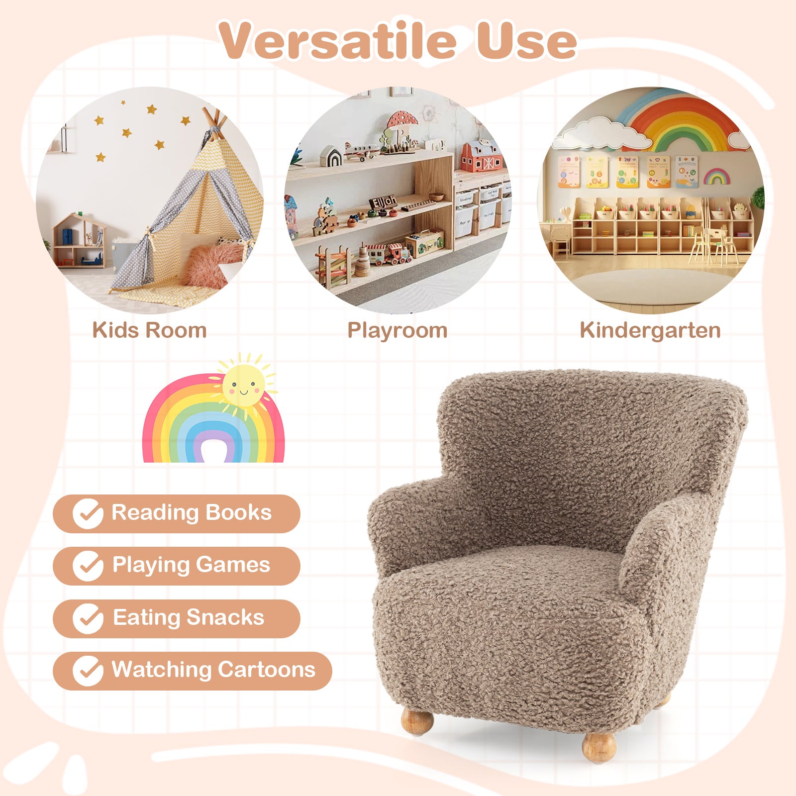 Sherpa Kids Sofa Comfy Toddler Armchair with Solid Rubber Wood Legs-Rustic Brown