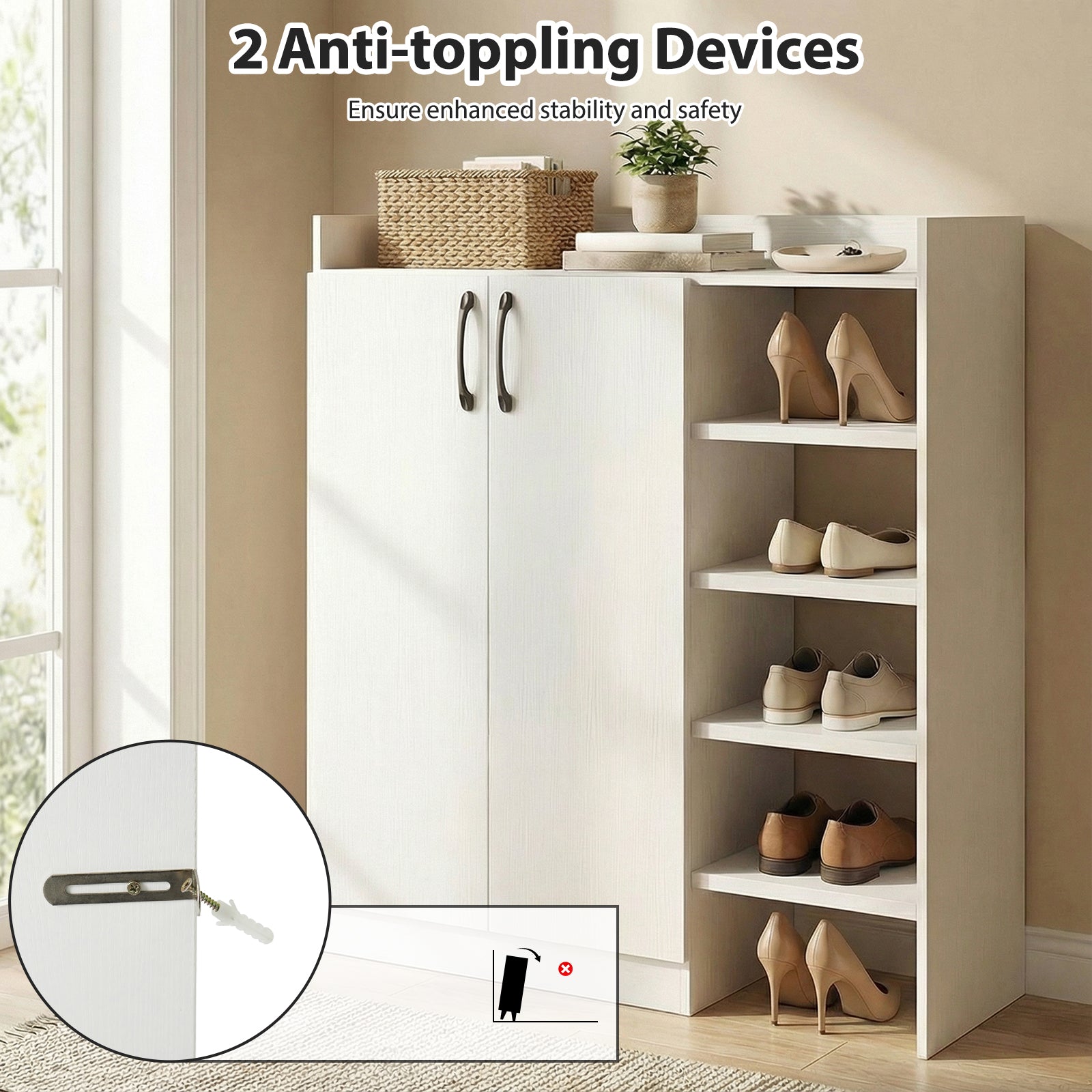 Shoe Cabinet with 2 Doors Shoe Storage Organizer with 2 Adjustable Inner Shelves-White