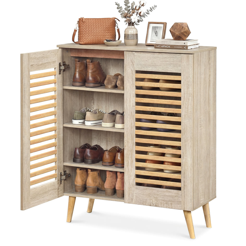 Shoe Cabinet with Louvered Doors and Removable Shelves-Natural
