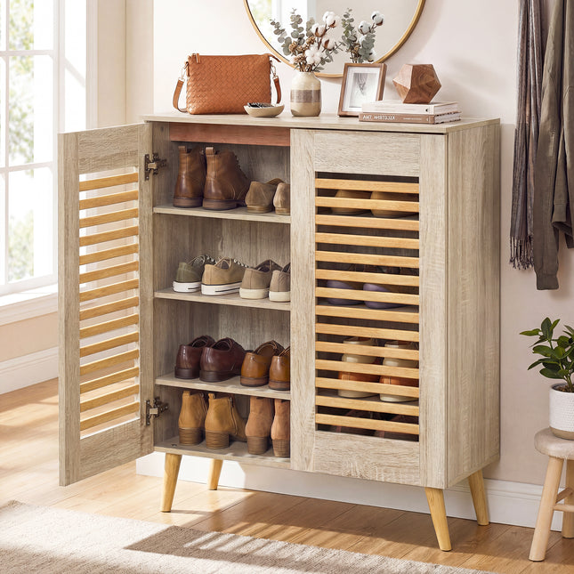 Shoe Cabinet with Louvered Doors and Removable Shelves-Natural