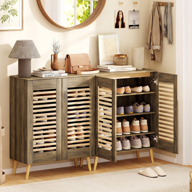 Shoe Cabinet with Louvered Doors and Removable Shelves-Walnut