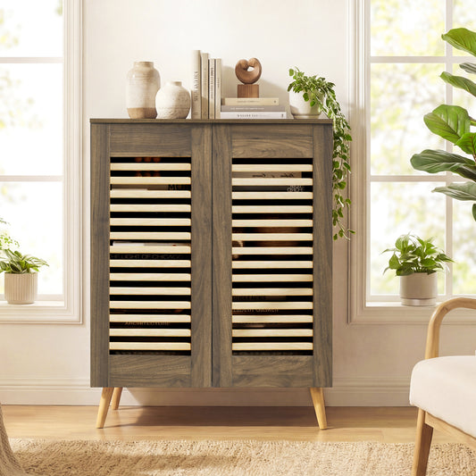 Shoe Cabinet with Louvered Doors and Removable Shelves-Walnut
