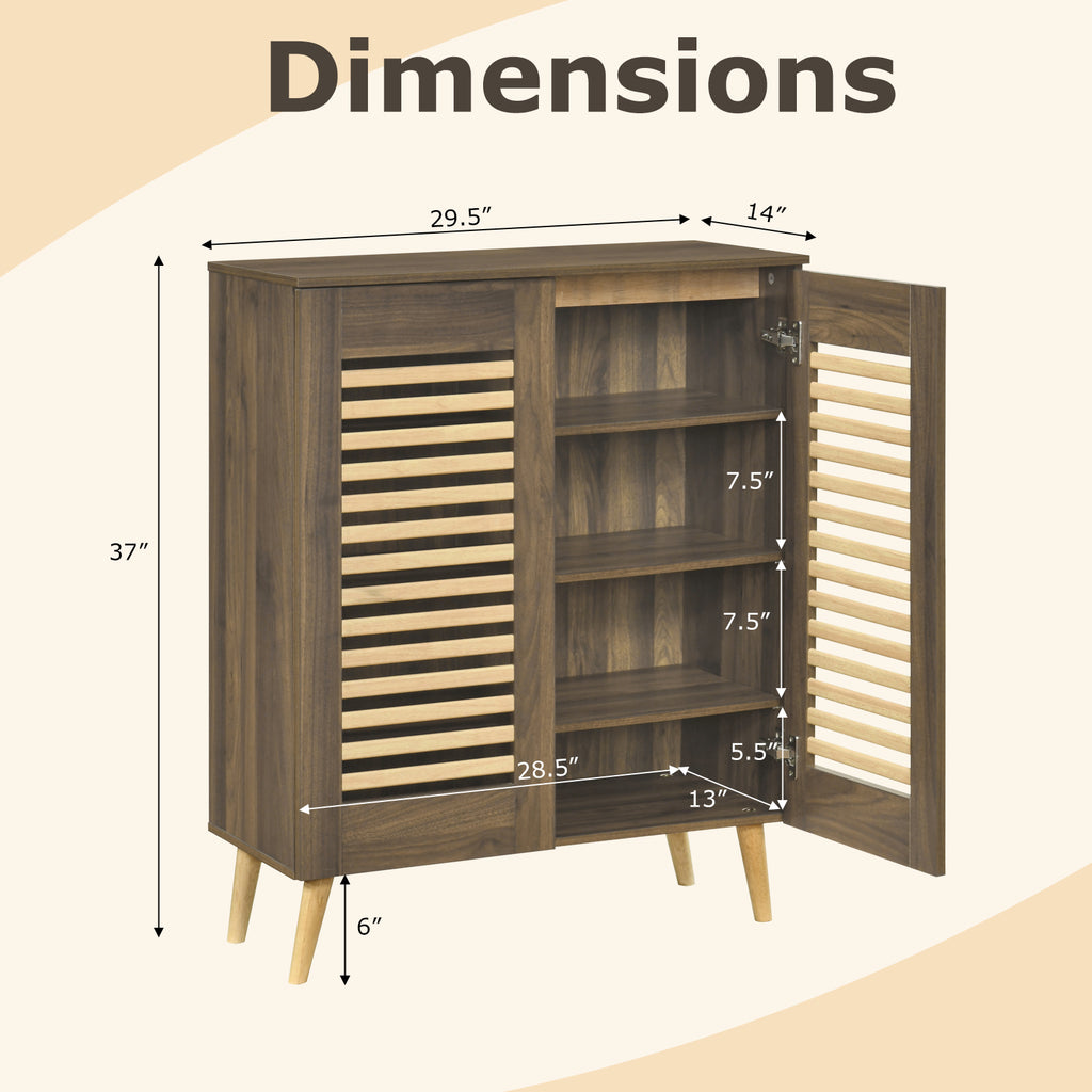 Shoe Cabinet with Louvered Doors and Removable Shelves-Walnut